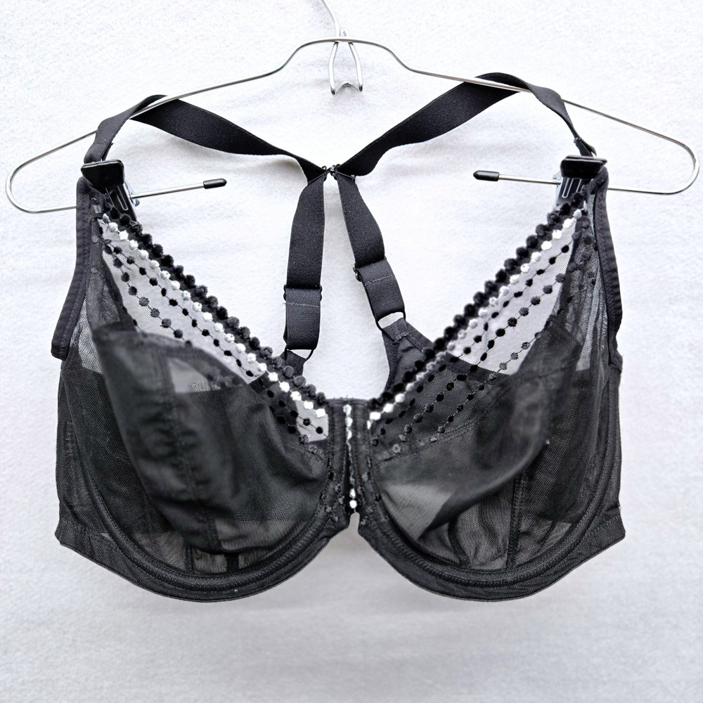 Elomi Matilda Black Beaded Mesh Plunge Convertible JHook Underwire Bra 40I EUC